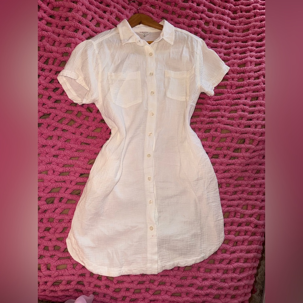 100% Cotton Casual White Button-Up Shirt Dress/Beach Cover Up, Size Medium